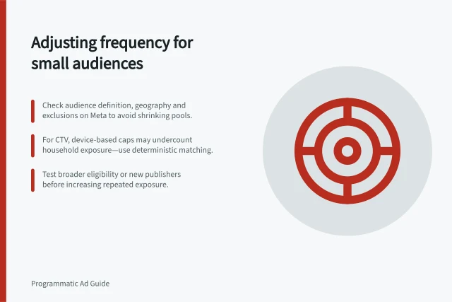 Adjusting frequency for small audiences: Check audience definition, geography and exclusions on Meta to avoid shrinking pools.; For CTV, device-based caps may undercount household exposure—use deterministic matching.; Test broader eligibility or new publishers before increasing repeated exposure. Adjusting frequency when audience pools are small