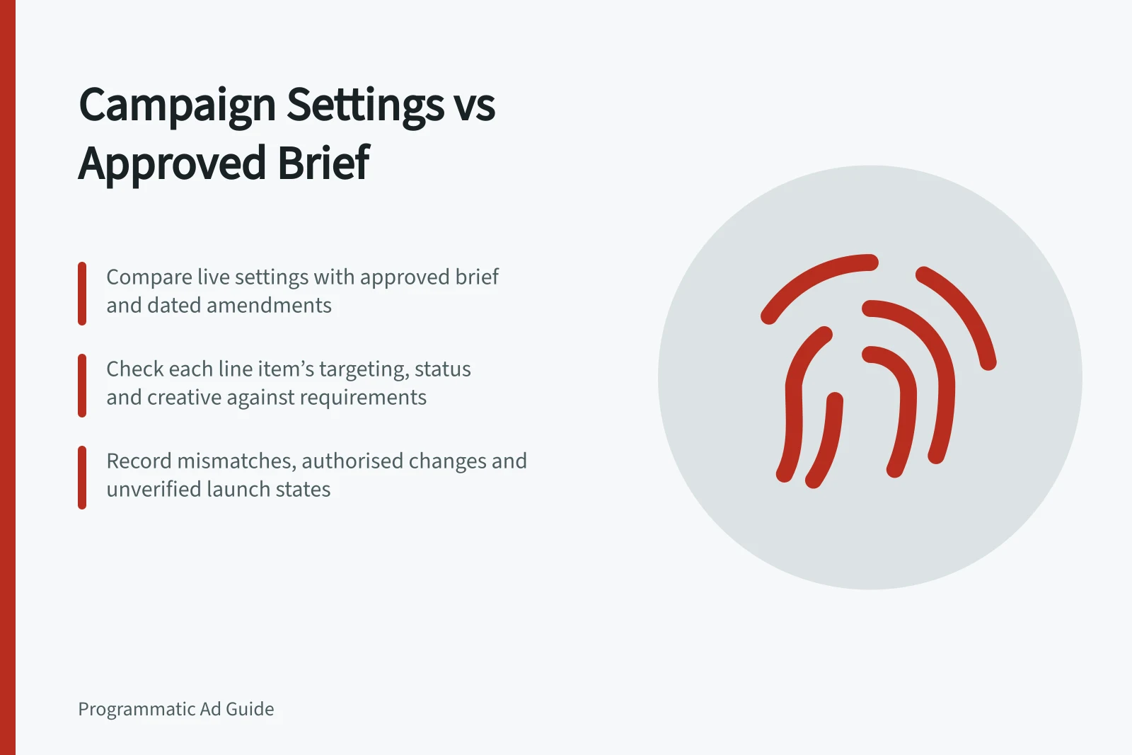 Campaign Settings vs Approved Brief: Compare live settings with approved brief and dated amendments; Check each line item’s targeting, status and creative against requirements; Record mismatches, authorised changes and unverified launch states