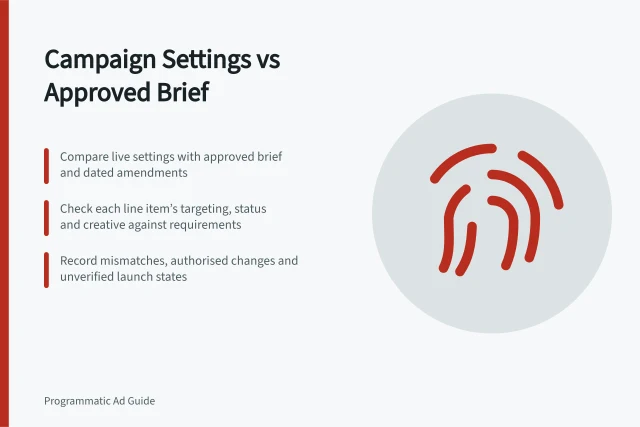 Campaign Settings vs Approved Brief: Compare live settings with approved brief and dated amendments; Check each line item’s targeting, status and creative against requirements; Record mismatches, authorised changes and unverified launch states. Checking a campaign's settings against the approved brief