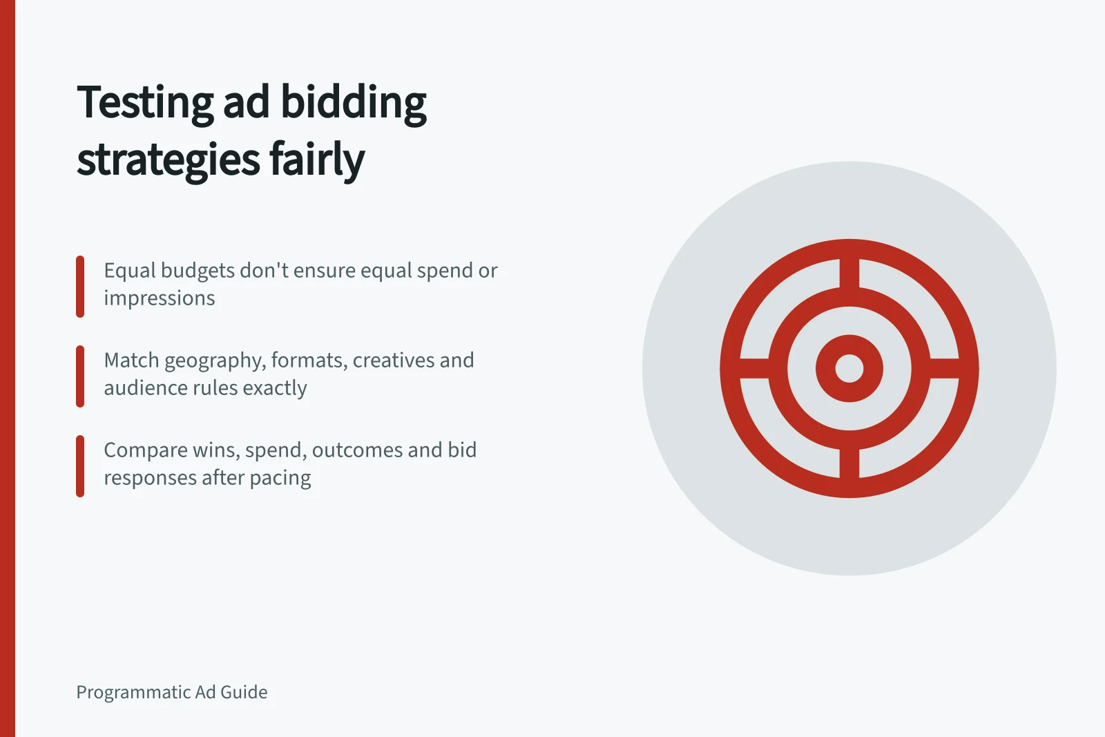 Testing ad bidding strategies fairly: Equal budgets don't ensure equal spend or impressions; Match geography, formats, creatives and audience rules exactly; Compare wins, spend, outcomes and bid responses after pacing