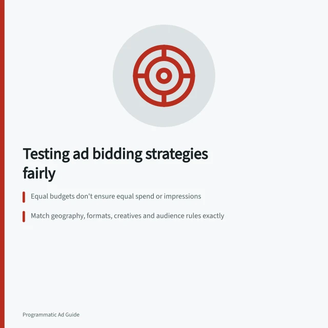 Testing ad bidding strategies fairly: Equal budgets don't ensure equal spend or impressions; Match geography, formats, creatives and audience rules exactly; Compare wins, spend, outcomes and bid responses after pacing. Comparing bidding strategies with matched campaign conditions