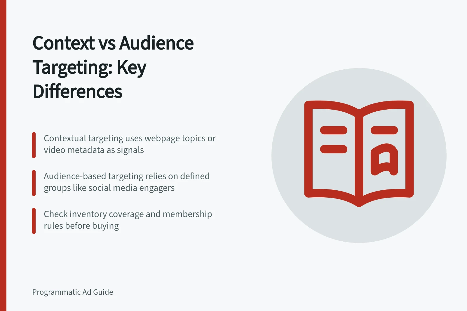 Context vs Audience Targeting: Key Differences: Contextual targeting uses webpage topics or video metadata as signals; Audience-based targeting relies on defined groups like social media engagers; Check inventory coverage and membership rules before buying