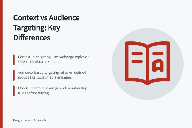 Context vs Audience Targeting: Key Differences: Contextual targeting uses webpage topics or video metadata as signals; Audience-based targeting relies on defined groups like social media engagers; Check inventory coverage and membership rules before buying. Comparing contextual and audience-based segments