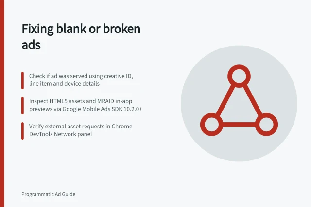 Fixing blank or broken ads: Check if ad was served using creative ID, line item and device details; Inspect HTML5 assets and MRAID in-app previews via Google Mobile Ads SDK 10.2.0+; Verify external asset requests in Chrome DevTools Network panel. Diagnosing blank or incorrectly rendered ads
