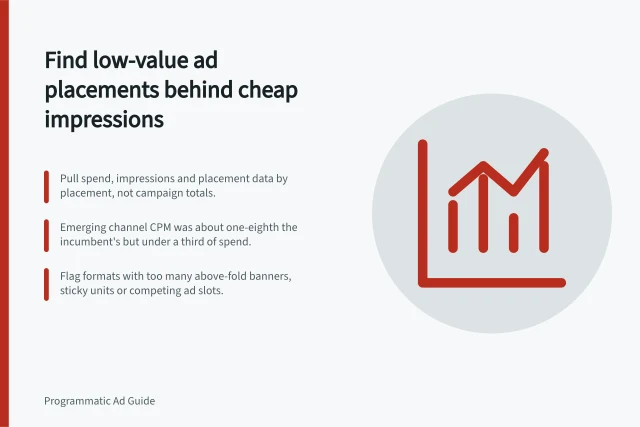 Find low-value ad placements behind cheap impressions: Pull spend, impressions and placement data by placement, not campaign totals.; Emerging channel CPM was about one-eighth the incumbent's but under a third of spend.; Flag formats with too many above-fold banners, sticky units or competing ad slots. Finding low-value placements behind cheap impressions