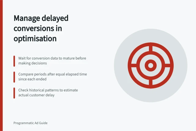 Manage delayed conversions in optimisation: Wait for conversion data to mature before making decisions; Compare periods after equal elapsed time since each ended; Check historical patterns to estimate actual customer delay. Handling delayed conversions in optimisation decisions