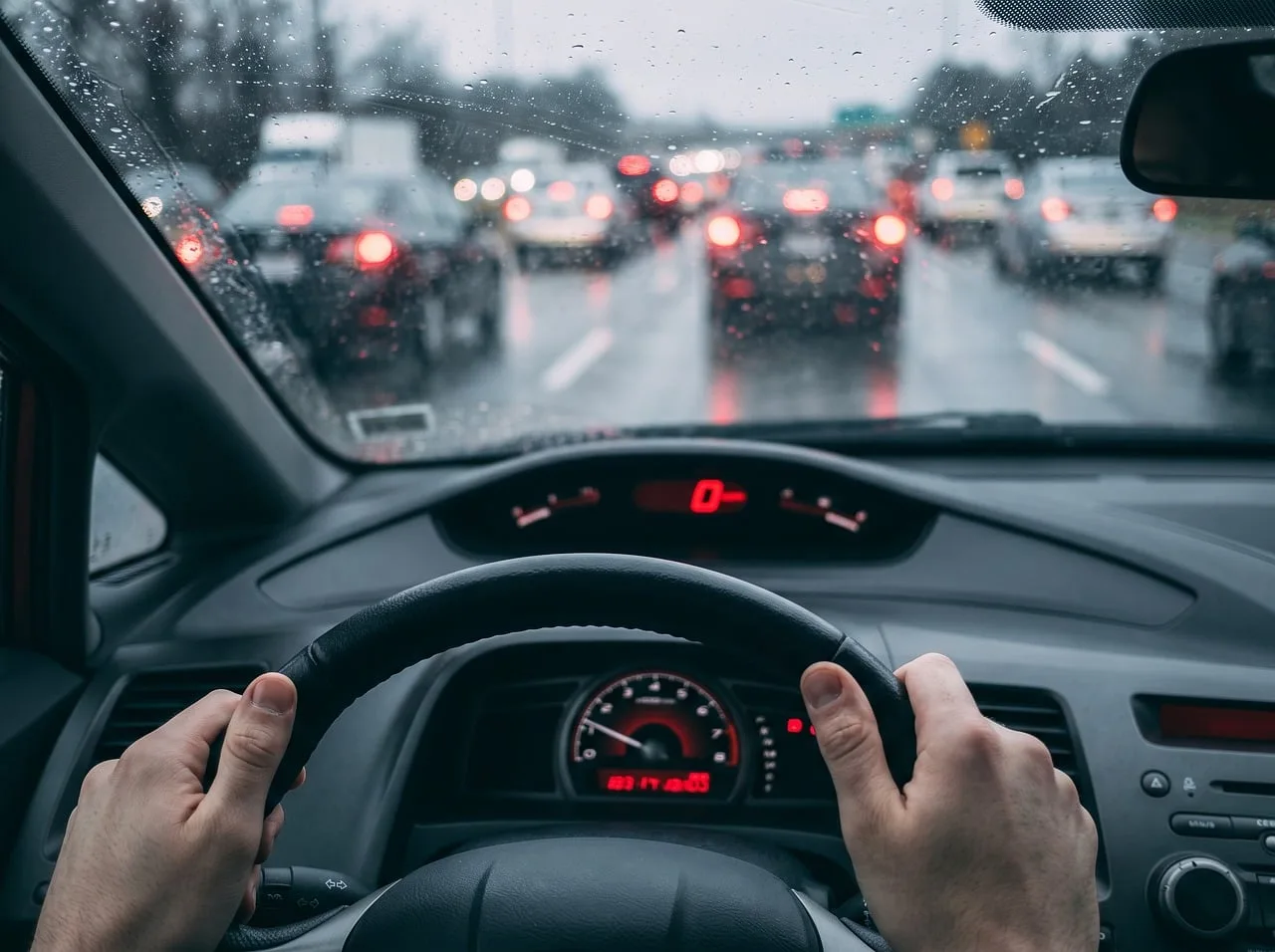 driving, car, rain, car wallpapers, traffic, steering wheel, dashboard, driver, view, traffic jam, rush hour, nature, wet, highway, weather, urban traffic, hand, brake lights, windshield, travel, visibility, tourism