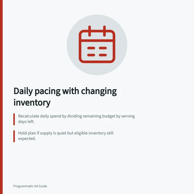 Daily pacing with changing inventory: Recalculate daily spend by dividing remaining budget by serving days left.; Hold plan if supply is quiet but eligible inventory still expected.; Preserve budget for future events by recording needed amounts in advance. Managing daily pacing around changing inventory
