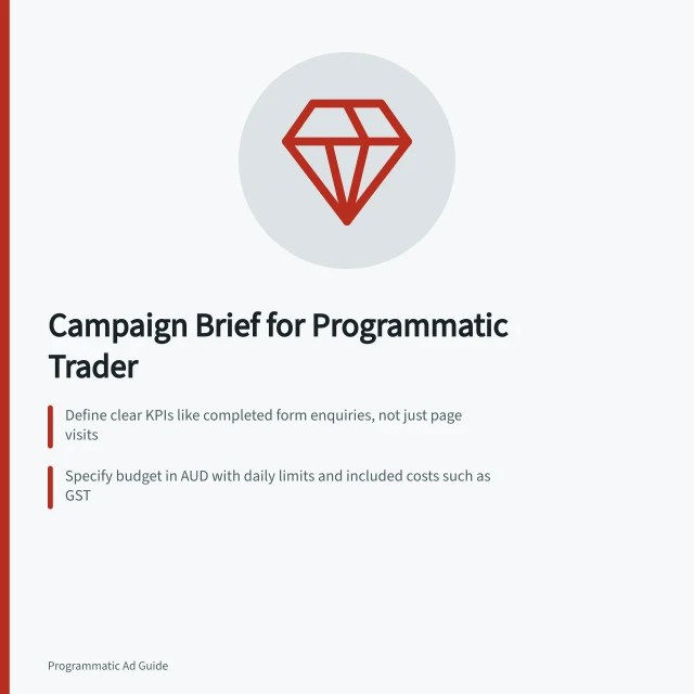 Campaign Brief for Programmatic Trader: Define clear KPIs like completed form enquiries, not just page visits; Specify budget in AUD with daily limits and included costs such as GST; Require trader to confirm deal ID terms and reserved inventory status. Preparing a campaign brief for a programmatic trader