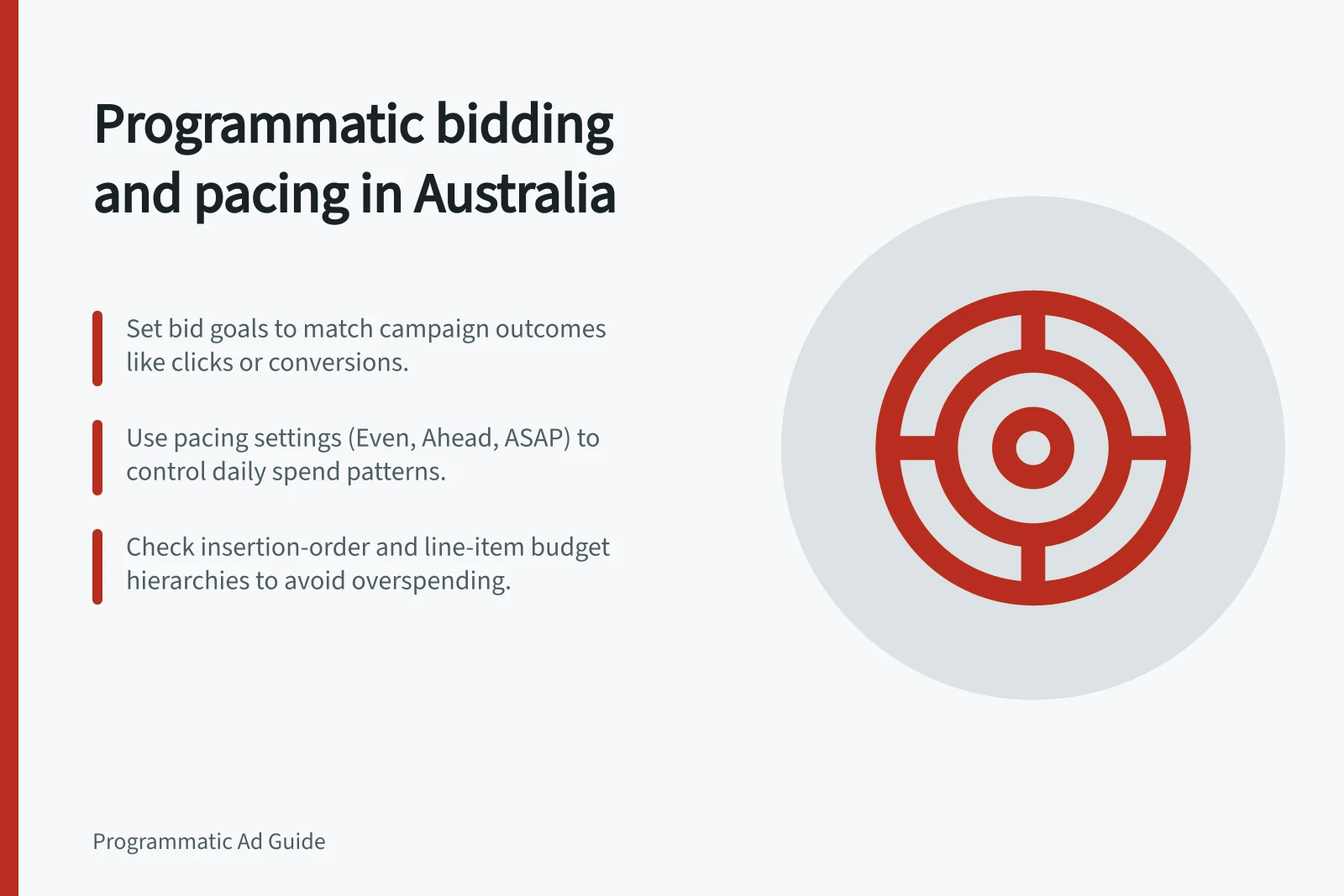 Programmatic bidding and pacing in Australia: Set bid goals to match campaign outcomes like clicks or conversions.; Use pacing settings (Even, Ahead, ASAP) to control daily spend patterns.; Check insertion-order and line-item budget hierarchies to avoid overspending.