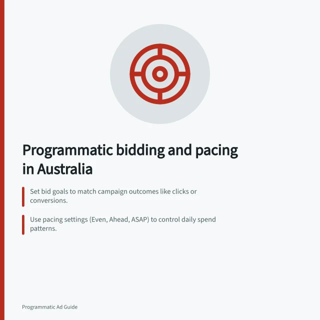 Programmatic bidding and pacing in Australia: Set bid goals to match campaign outcomes like clicks or conversions.; Use pacing settings (Even, Ahead, ASAP) to control daily spend patterns.; Check insertion-order and line-item budget hierarchies to avoid overspending. Programmatic bidding and pacing