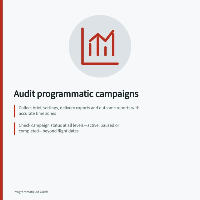 Audit programmatic campaigns: Collect brief, settings, delivery exports and outcome reports with accurate time zones; Check campaign status at all levels—active, paused or completed—beyond flight dates; Validate conversion windows, counting methods and attribution models in Floodlight reports. Programmatic campaign audits
