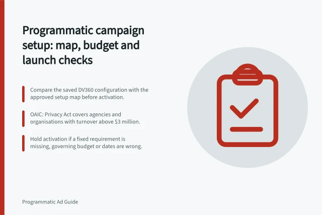 Programmatic campaign setup: map, budget and launch checks: Compare the saved DV360 configuration with the approved setup map before activation.; OAIC: Privacy Act covers agencies and organisations with turnover above $3 million.; Hold activation if a fixed requirement is missing, governing budget or dates are wrong. Programmatic campaign setup