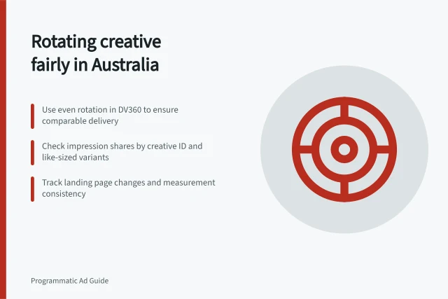 Rotating creative fairly in Australia: Use even rotation in DV360 to ensure comparable delivery; Check impression shares by creative ID and like-sized variants; Track landing page changes and measurement consistency. Rotating creative without losing a comparable test
