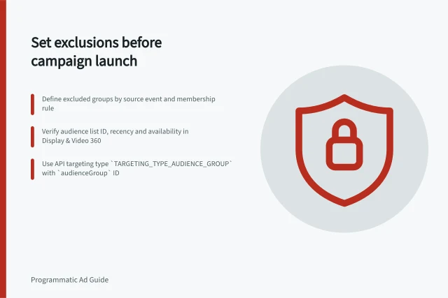 Set exclusions before campaign launch: Define excluded groups by source event and membership rule; Verify audience list ID, recency and availability in Display & Video 360; Use API targeting type `TARGETING_TYPE_AUDIENCE_GROUP` with `audienceGroup` ID. Setting exclusions before a campaign launches