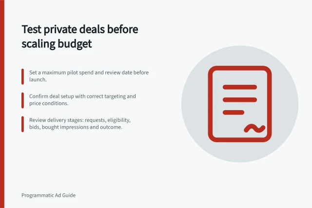 Test private deals before scaling budget: Set a maximum pilot spend and review date before launch.; Confirm deal setup with correct targeting and price conditions.; Review delivery stages: requests, eligibility, bids, bought impressions and outcome. Testing a private deal before shifting a larger budget