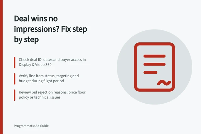 Deal wins no impressions? Fix step by step: Check deal ID, dates and buyer access in Display & Video 360; Verify line item status, targeting and budget during flight period; Review bid rejection reasons: price floor, policy or technical issues. Troubleshooting a deal that wins no impressions